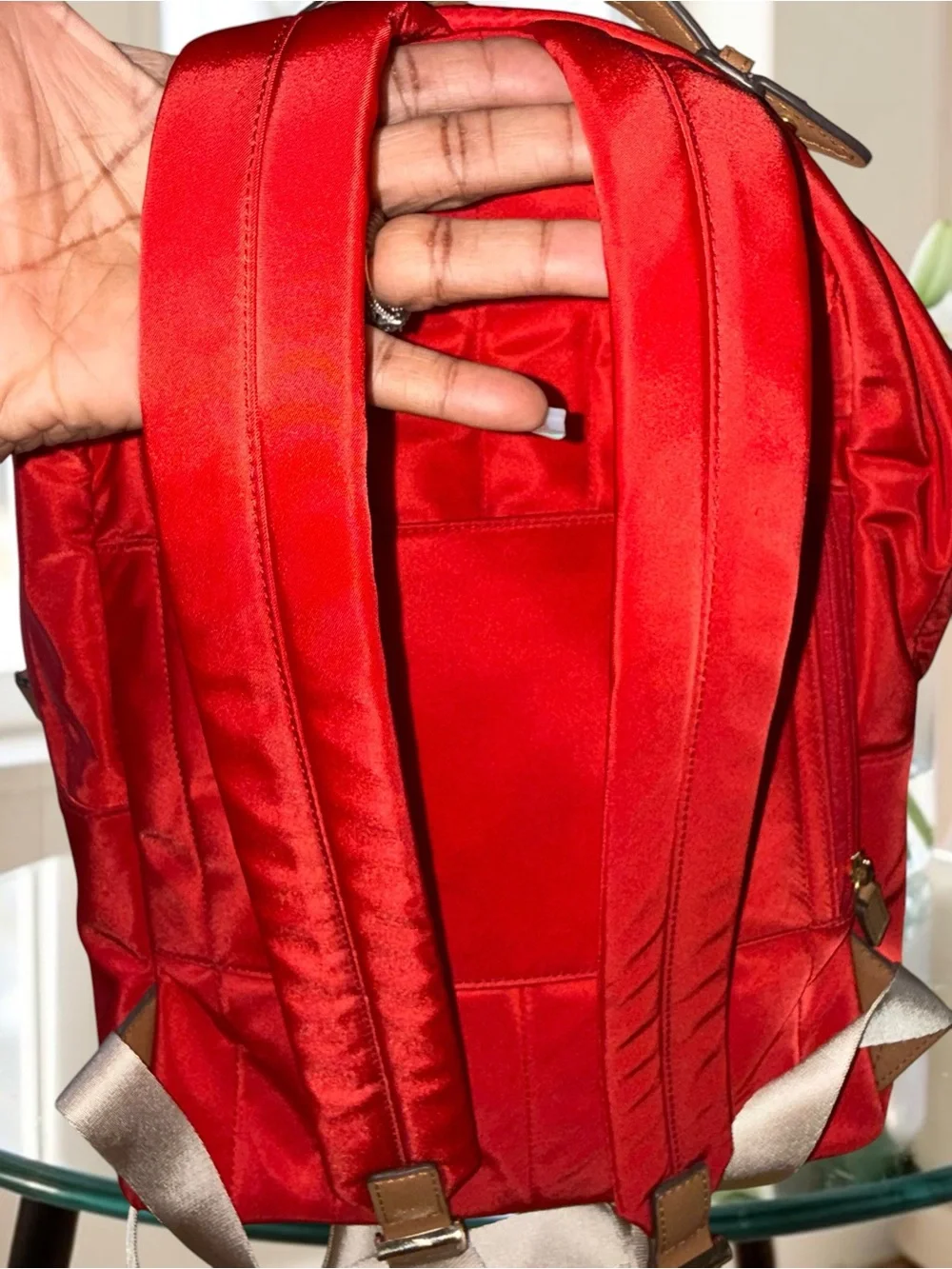 Michael Kors Kelsey Large Nylon Backpack – Bright Red & Gold EUC